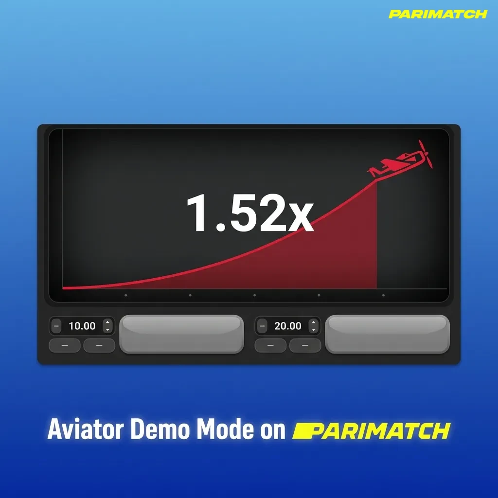 Aviator demo mode on Parimatch Tier 2 showing red plane, virtual bets panel, and multiplier curve on dark game interface