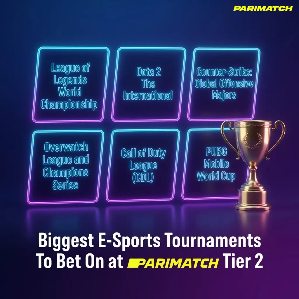 Graphic listing major Dota 2, CS2, LoL, Valorant and other esports tournaments to bet on at Parimatch