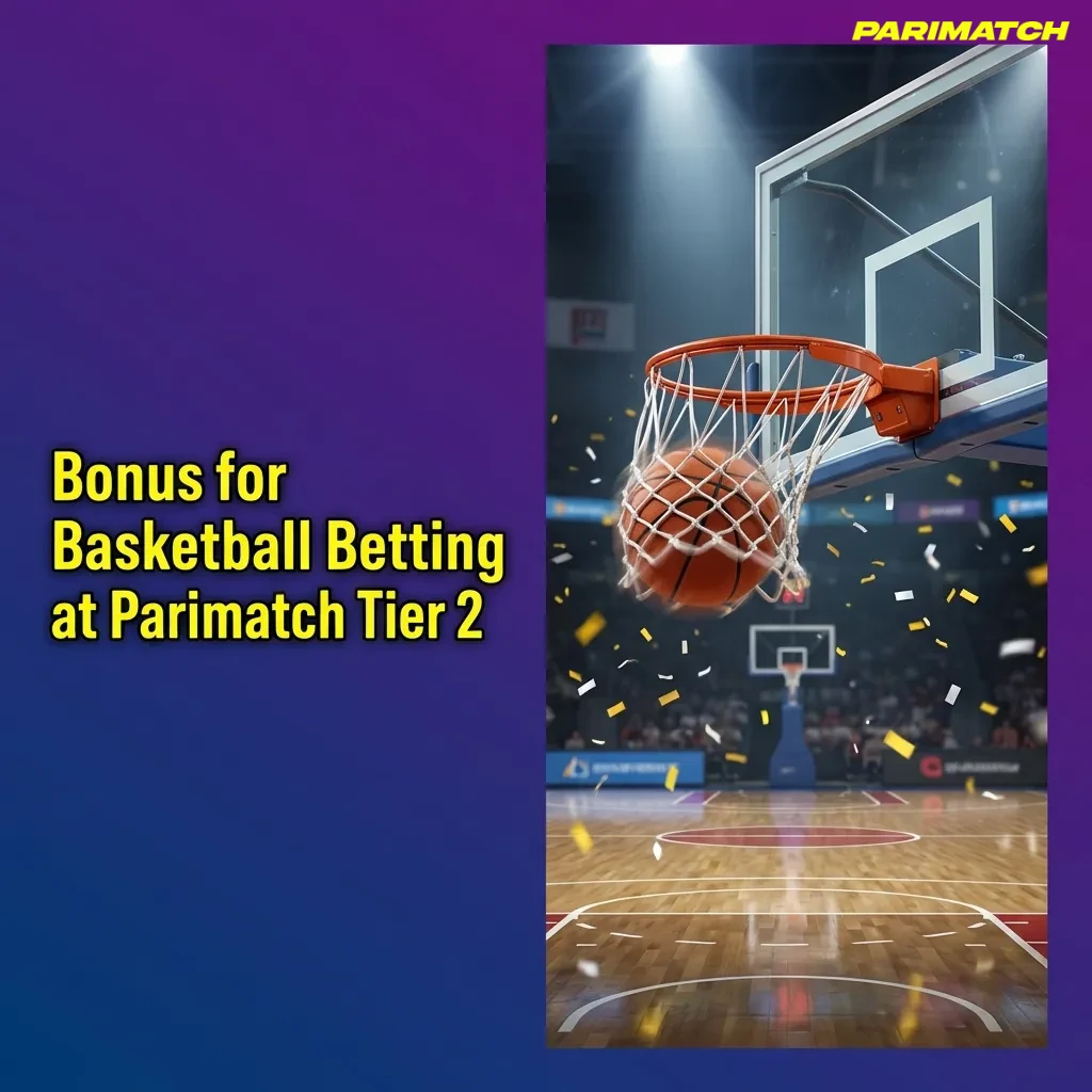 Parimatch Tier 2 basketball betting bonus promotion with basketball, money, and welcome offer banner for new users