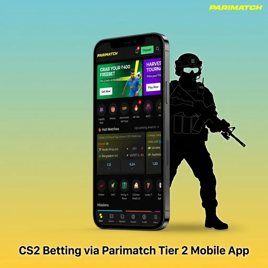 Person using Parimatch Tier 2 mobile app on a smartphone to live bet on CS2 esports matches