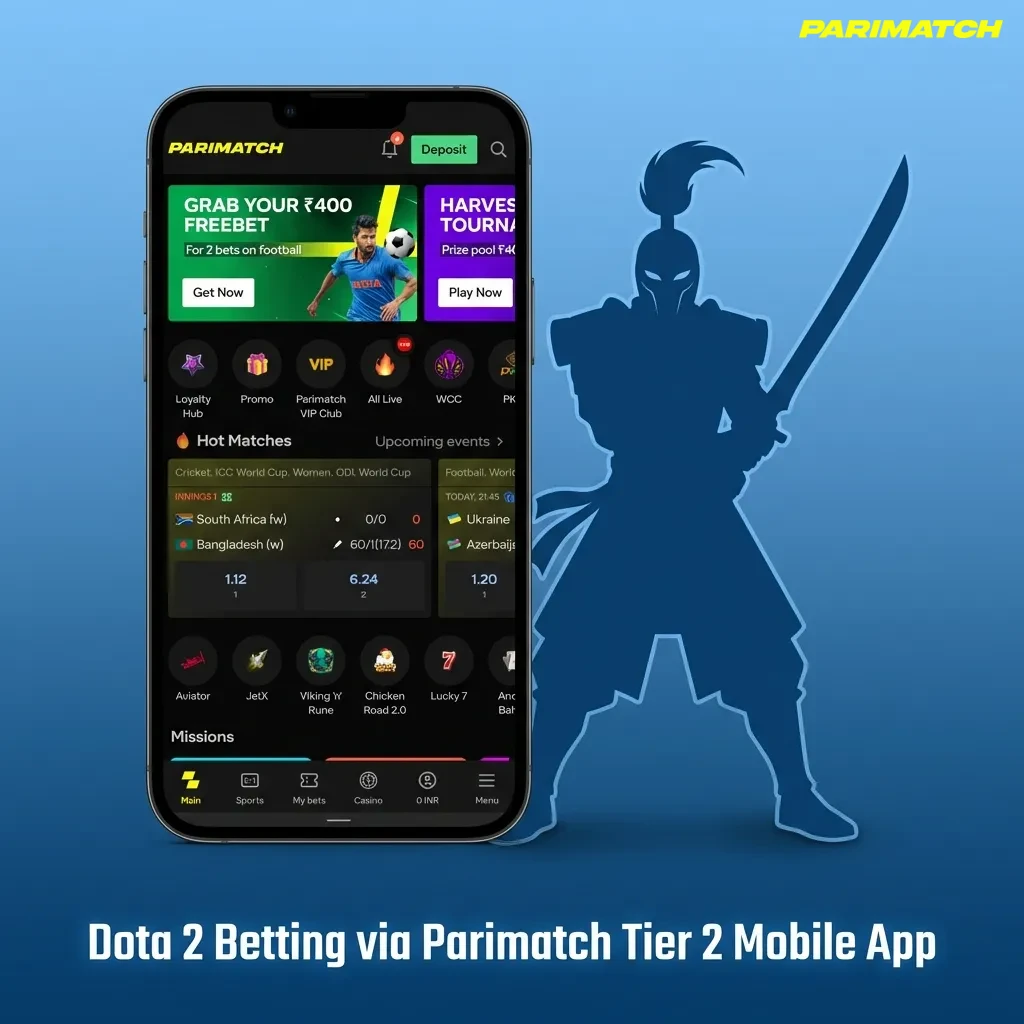 Person using Parimatch Tier 2 mobile app to bet on live Dota 2 match with odds and markets on phone screen
