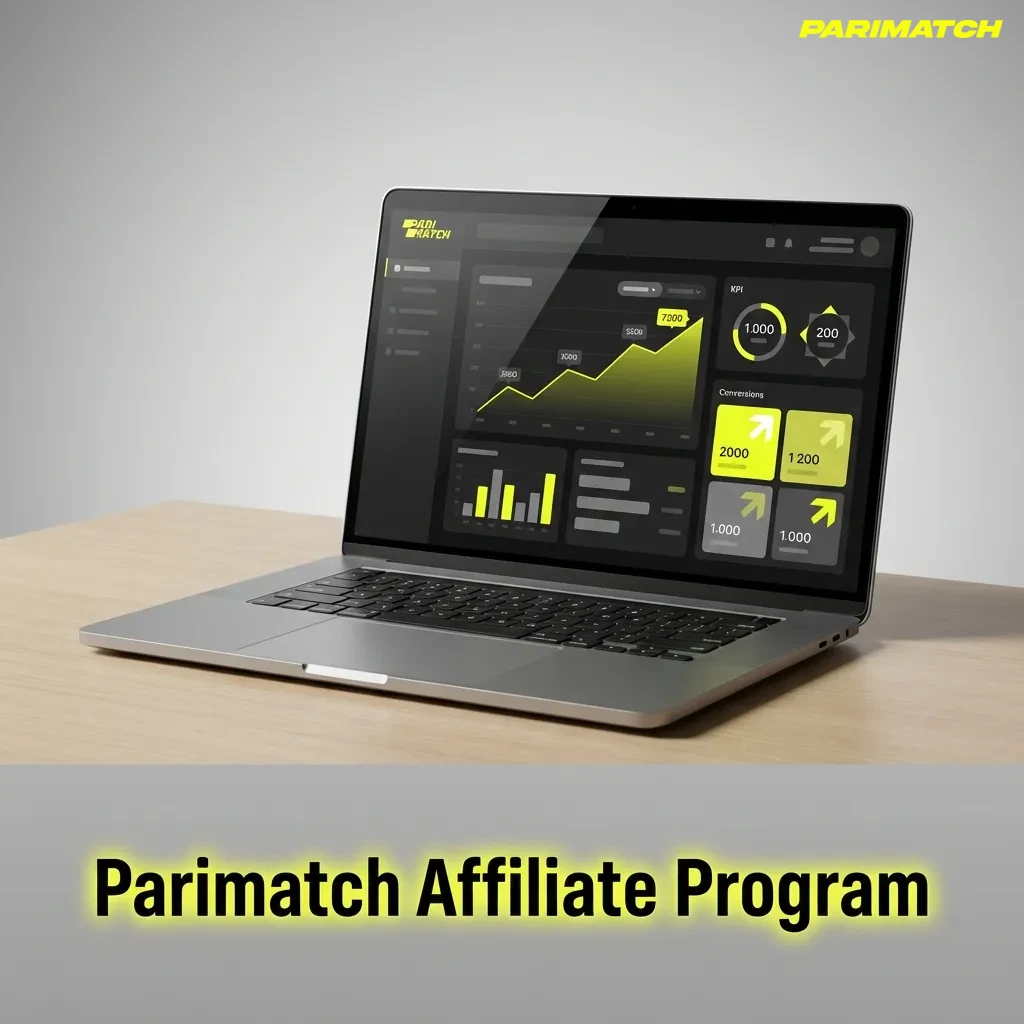 Illustration promoting Parimatch affiliate program with icons for tracking tools, marketing creatives, and commission earnings
