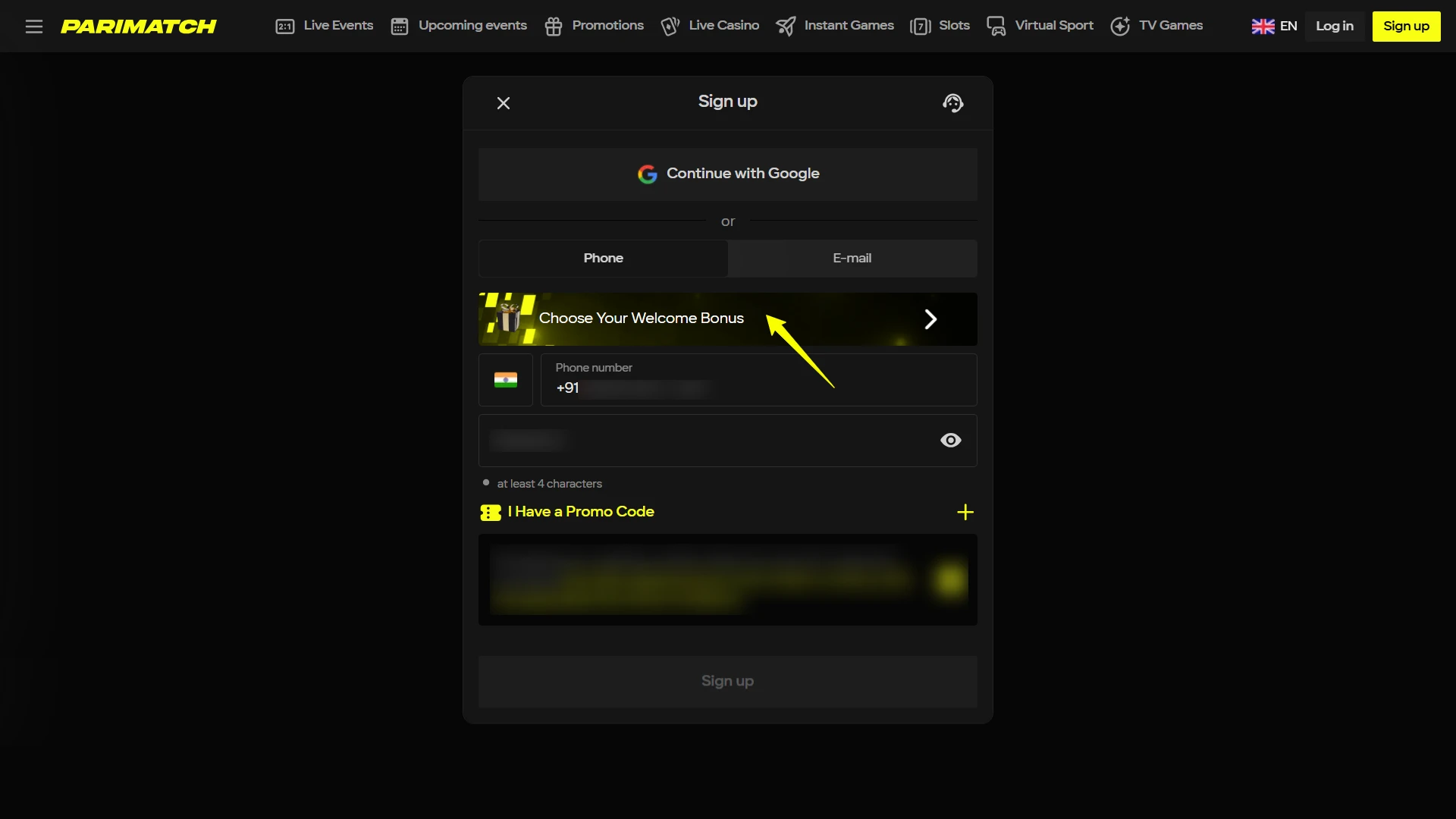 Confirm location, legal age and Choose Bonus