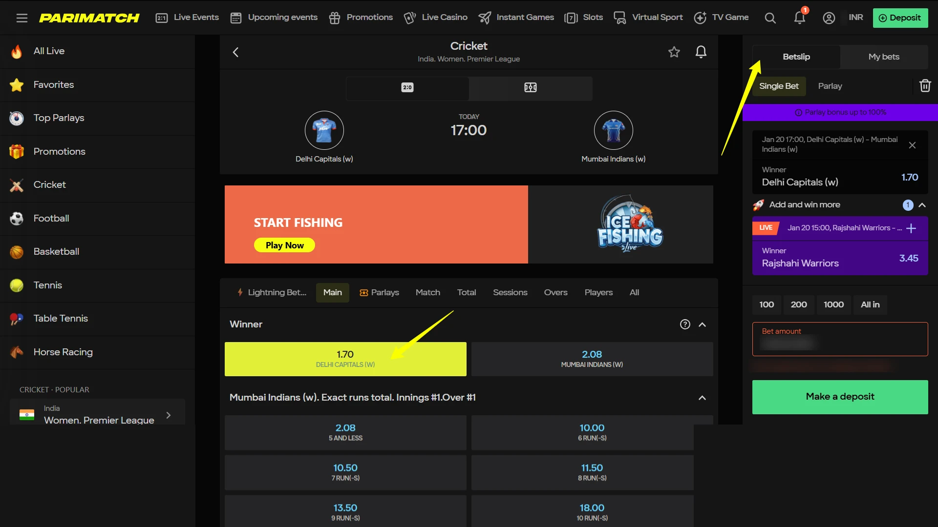 Add selections to the bet slip.