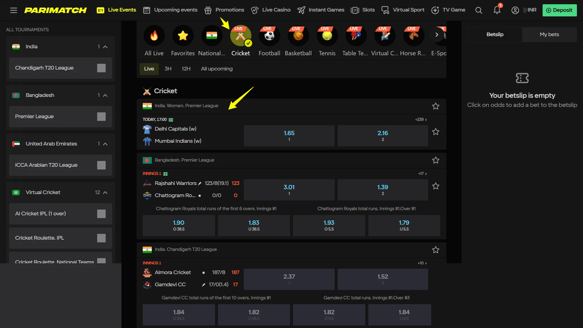 Choose an event and market for bets.
