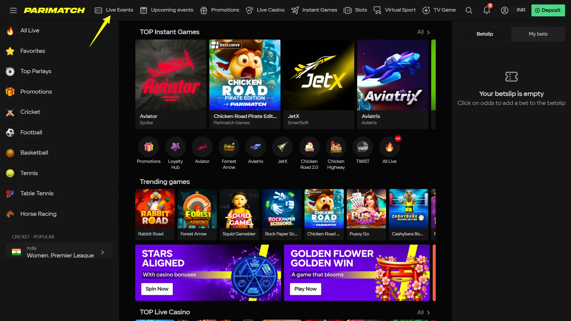 Sports section in Parimatch.