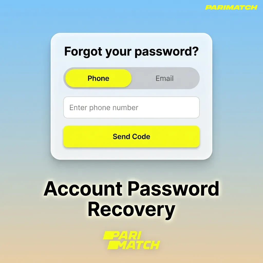 Illustration of Parimatch Tier 2 password recovery steps using email or mobile to reset a forgotten account password