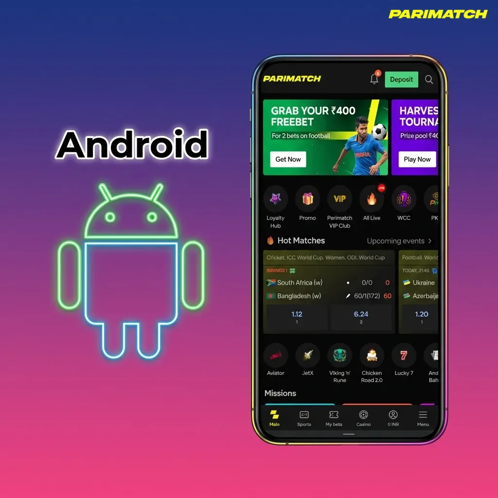 Android phone showing Parimatch Tier 2 app download page with steps to install APK and start mobile betting