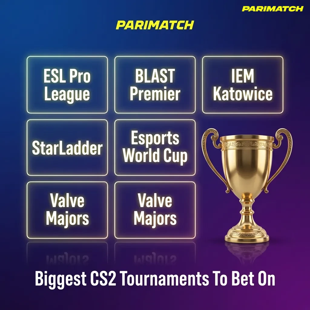 Graphic listing major CS2 tournaments to bet on, including Majors, ESL Pro League, BLAST, IEM, and Esports World Cup