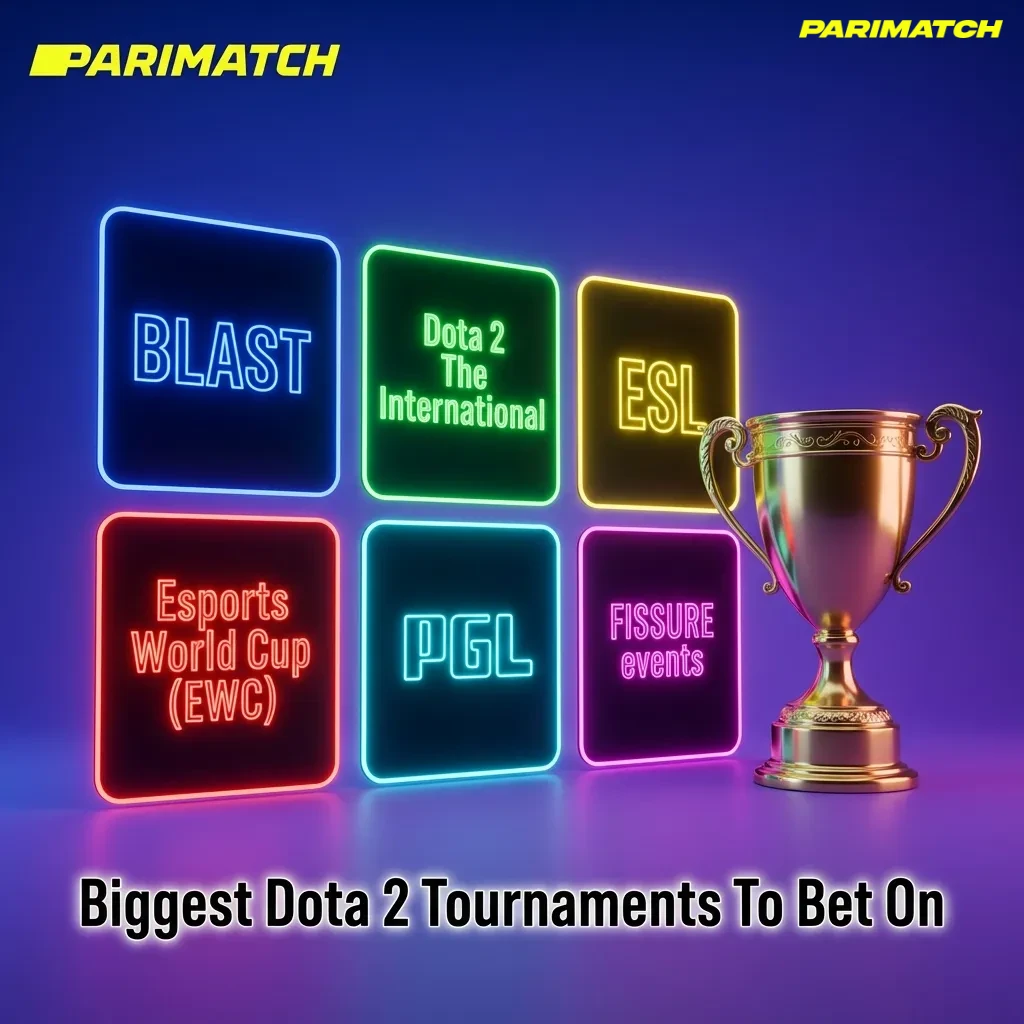 Collage of major Dota 2 tournaments and logos, highlighting TI, ESL, BLAST, PGL and betting focus