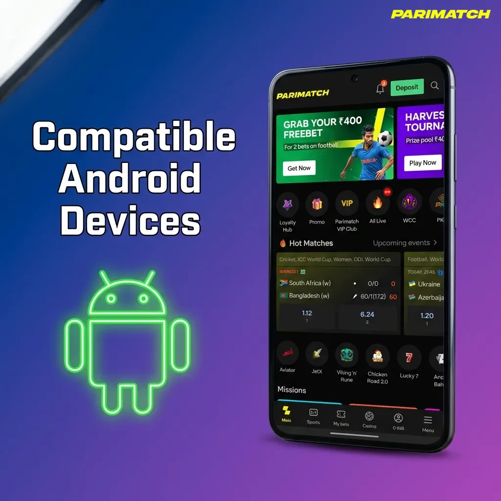 Collage of popular Android phones in India labeled as compatible with the Parimatch Tier 2 app