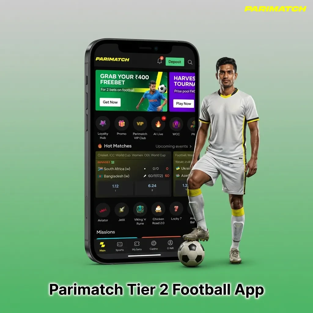 Smartphone screen showing Parimatch Tier 2 football betting app with live odds, betslip, and rupee stakes
