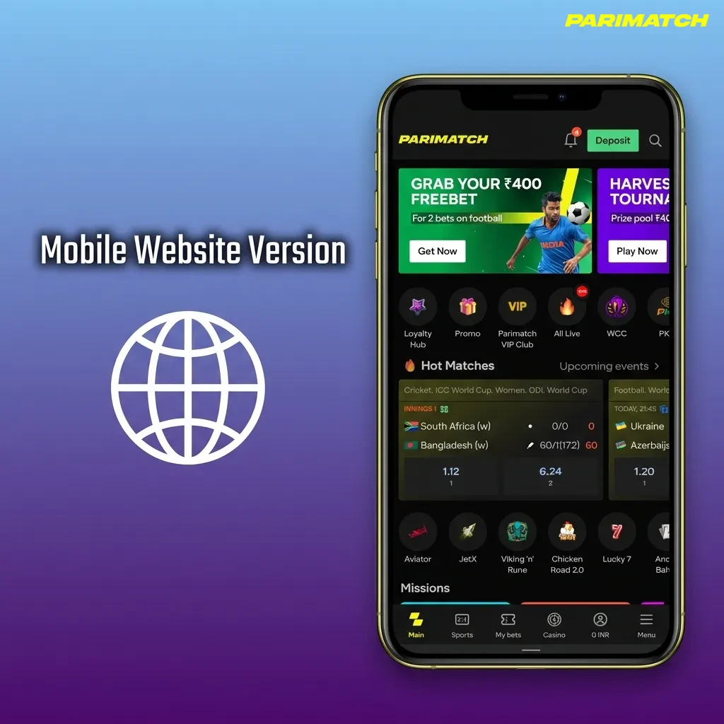 Smartphone showing Parimatch Tier 2 mobile site with live odds, casino games, and navigation for Indian sports betting