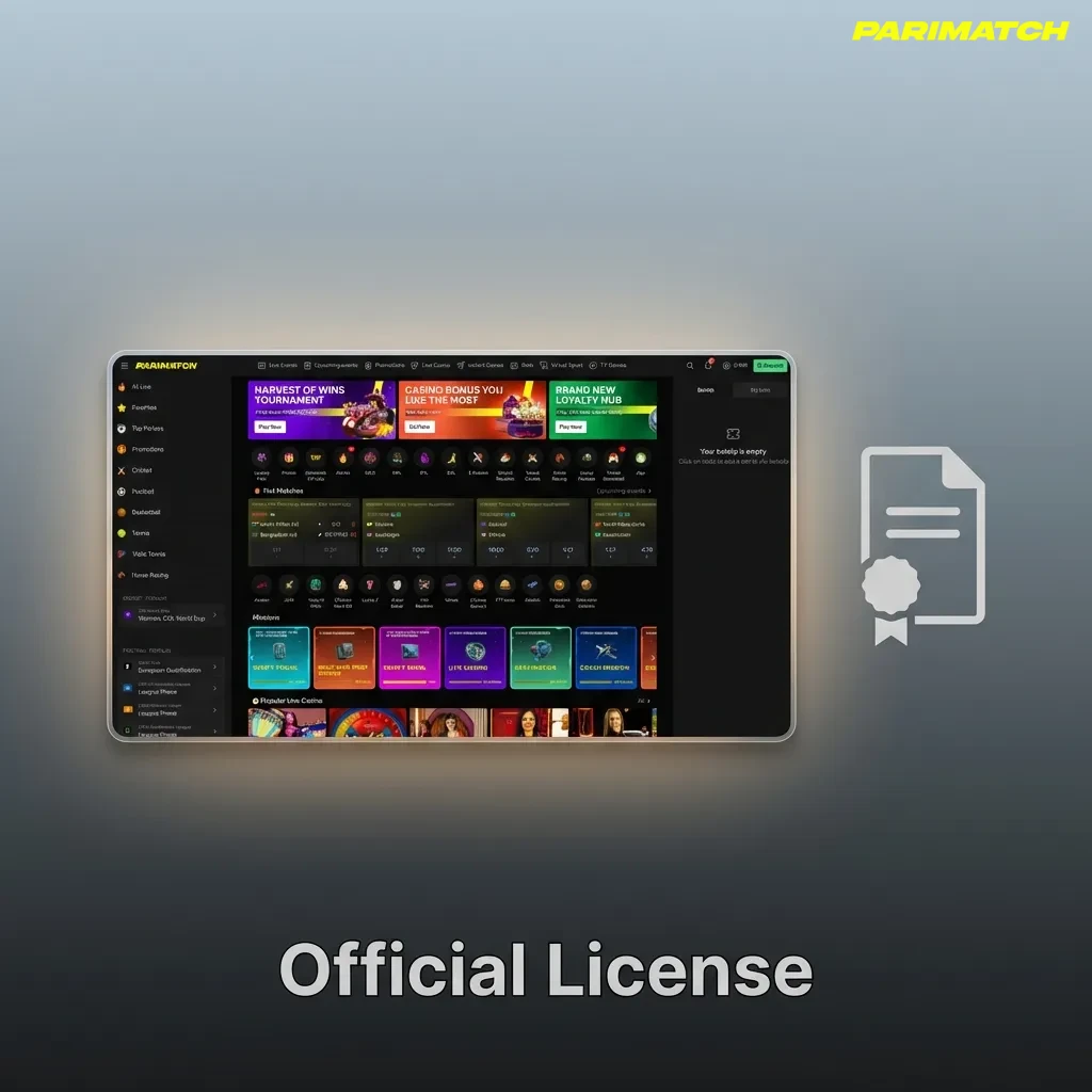 Official Parimatch N.V. Curacao eGaming licence badge with text on fairness, responsible gaming, and payment security