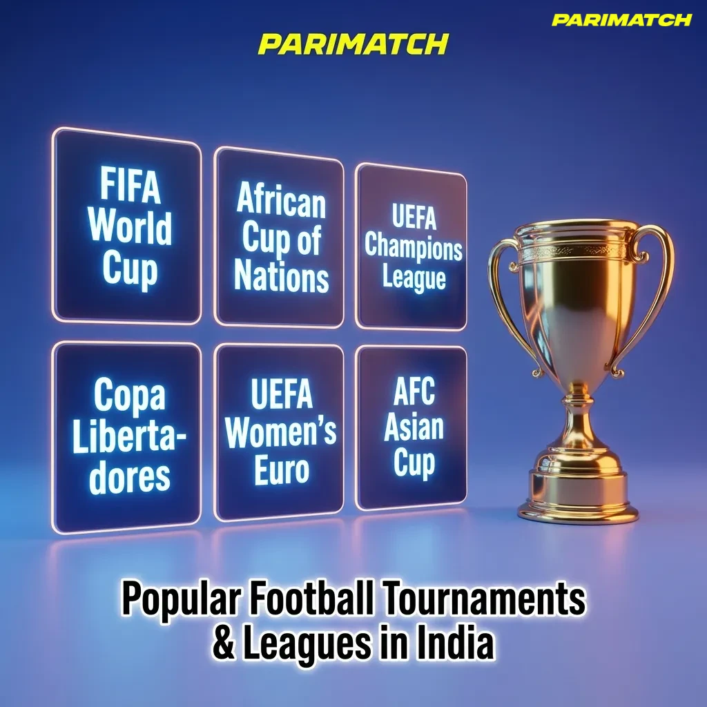 Graphic listing popular global and Indian football leagues and tournaments followed by online bettors in India