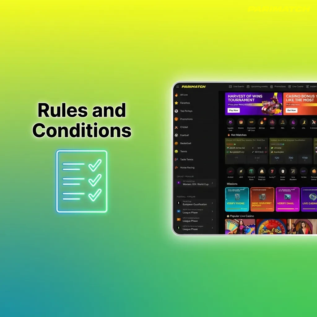 Rules and conditions page for Parimatch Tier 2 India outlining age limits, bonuses, KYC, and fair play requirements