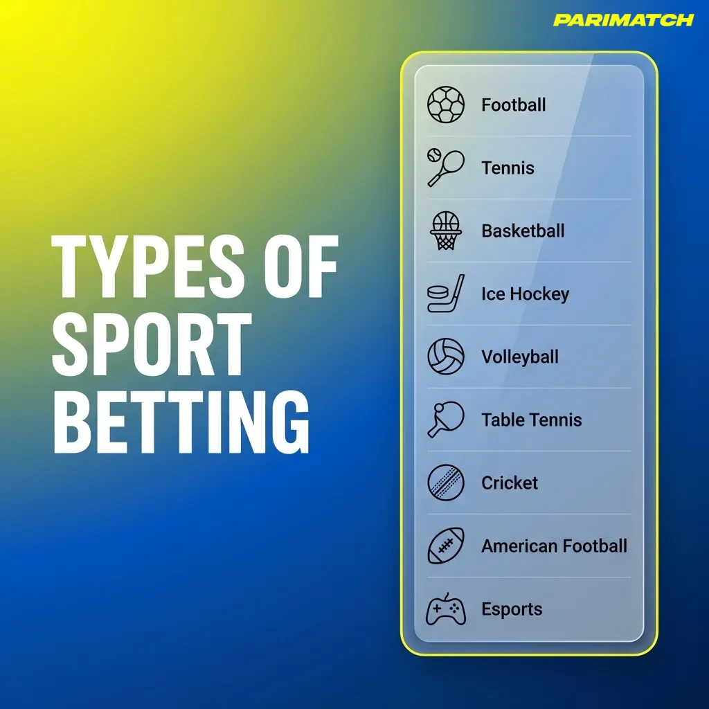 Illustrated grid of cricket, football, kabaddi, and tennis icons labeled as betting options on Parimatch India platform