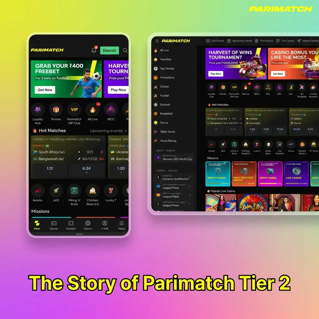 Infographic showing Parimatch Tier 2 history from 1994 local bookmaker to global online sportsbook and casino platform