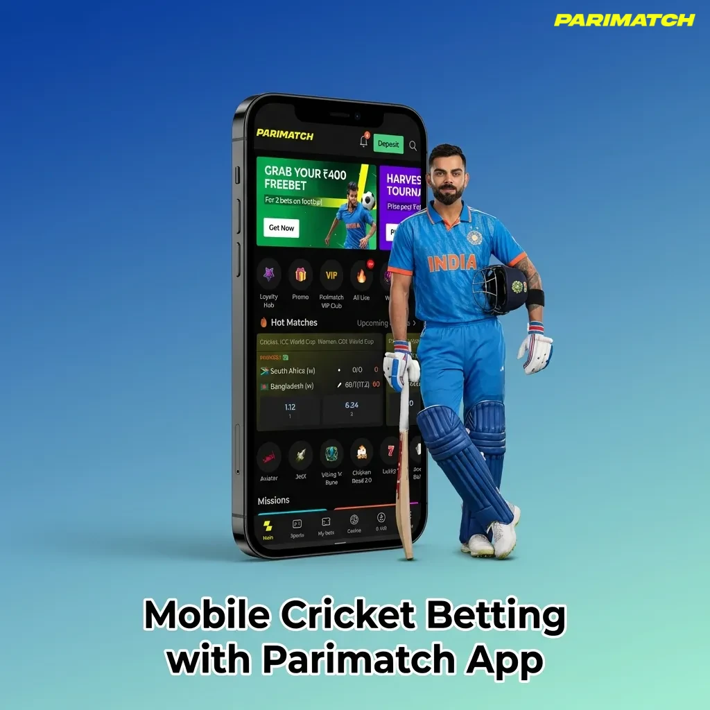 Smartphone showing Parimatch cricket betting app interface with odds, live scores, and bet slip options for mobile users in India