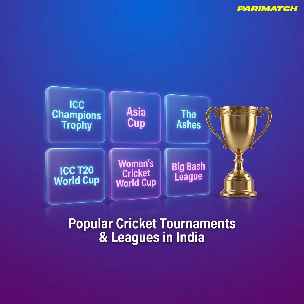 Graphic showing Indian cricket tournaments (IPL, World Cups, Ashes, domestic leagues) promoted on an online betting site