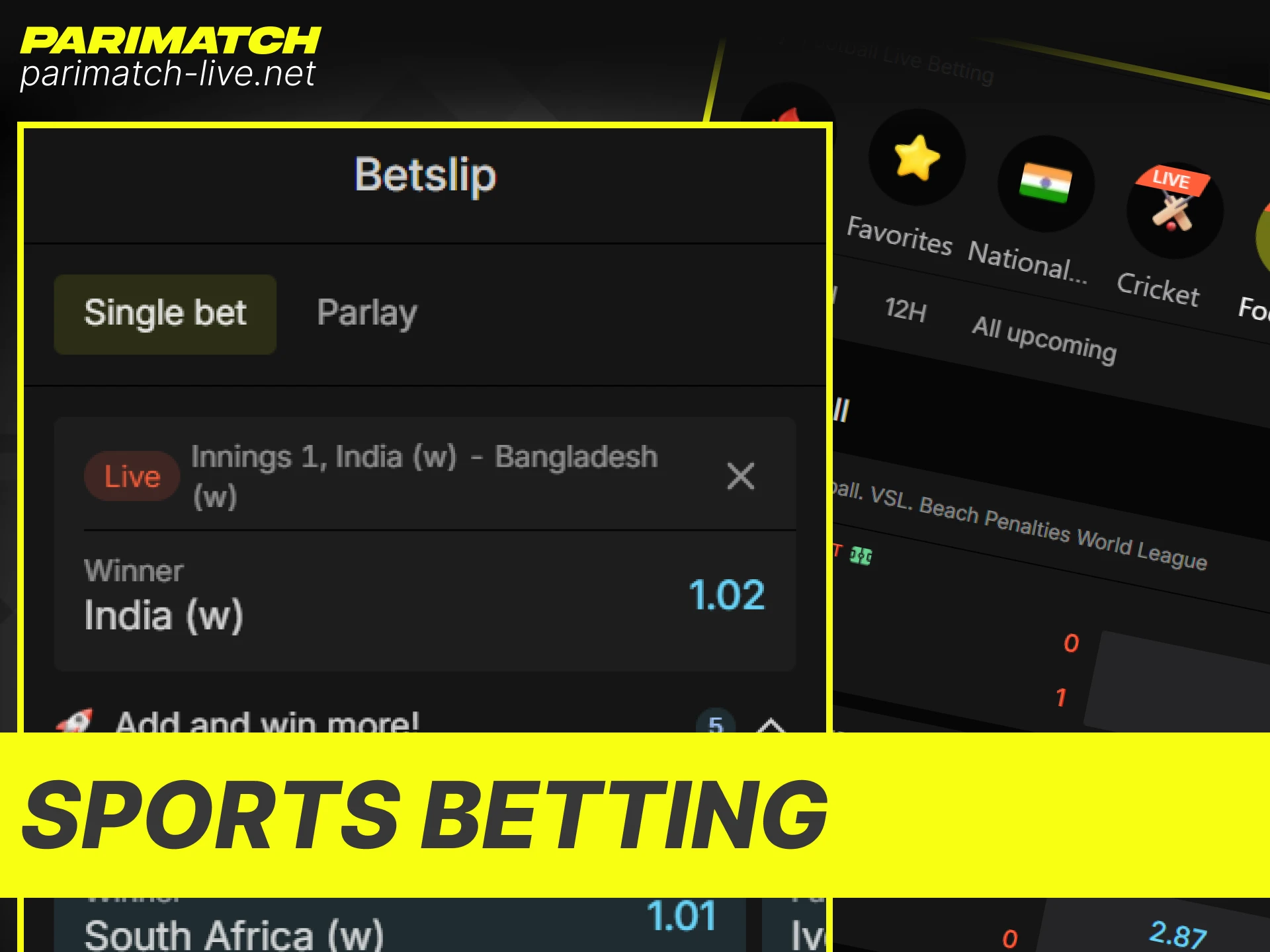 Place sports bets with competitive odds and diverse markets on Parimatch India.